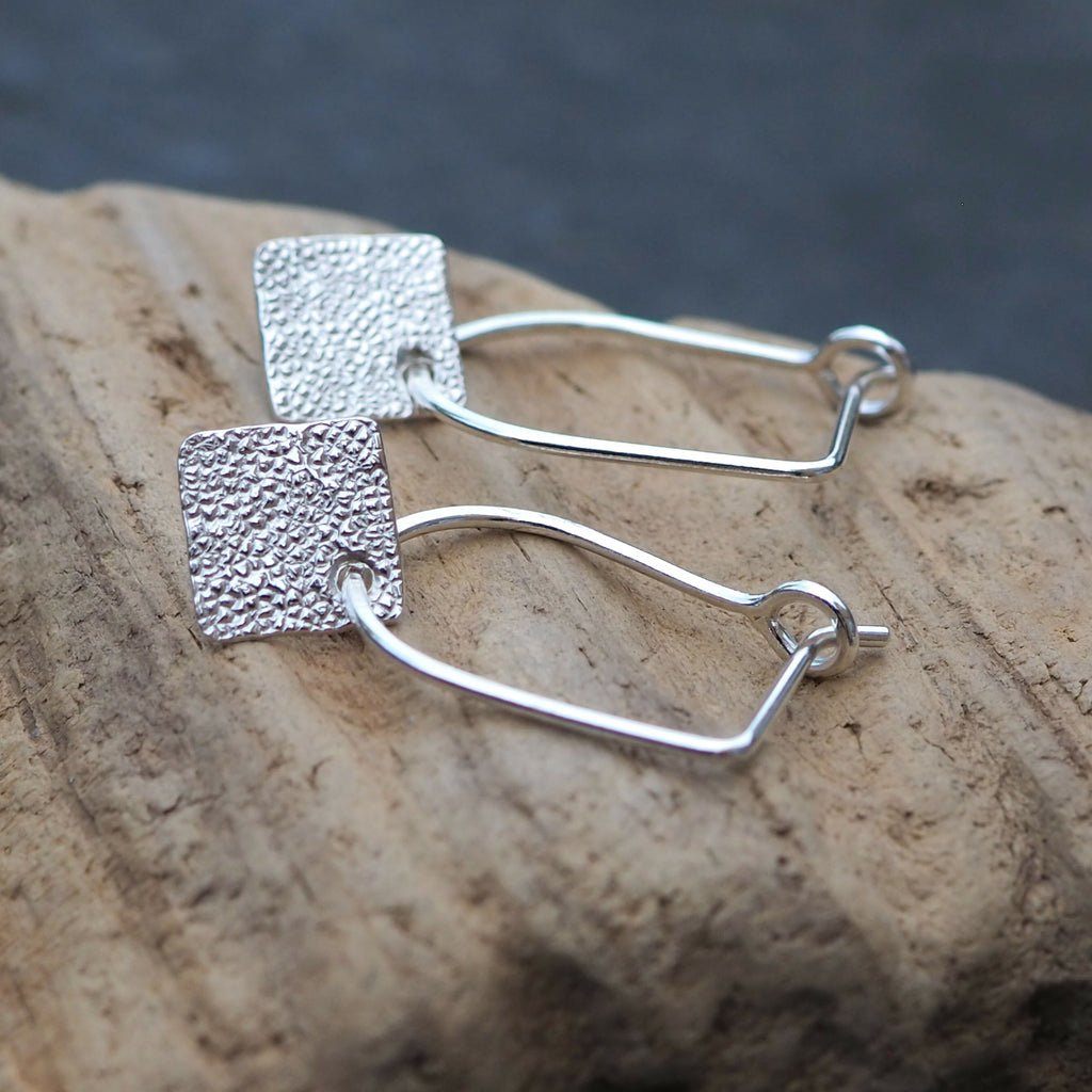 Sterling Silver Textured Square Drop Earrings