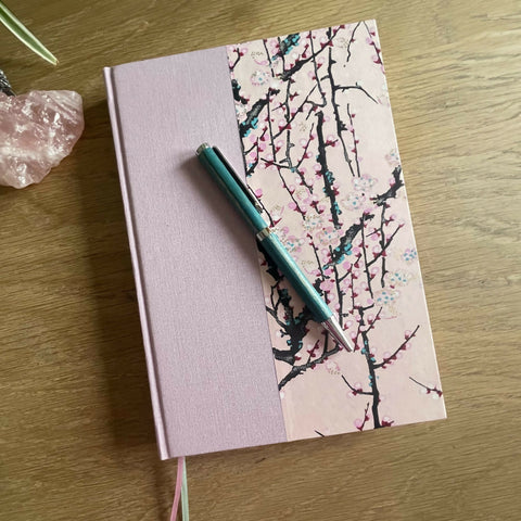 A5 Handbound Lined Journal - Light pink with chiyogami paper