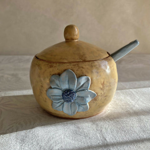Handmade Ceramic Lidded Bowl and Spoon with Flower Design