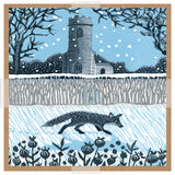 A square art print or card featuring a winter landscape illustration with a church tower, bare trees, snow, a fox running through a field, and plants at the bottom.