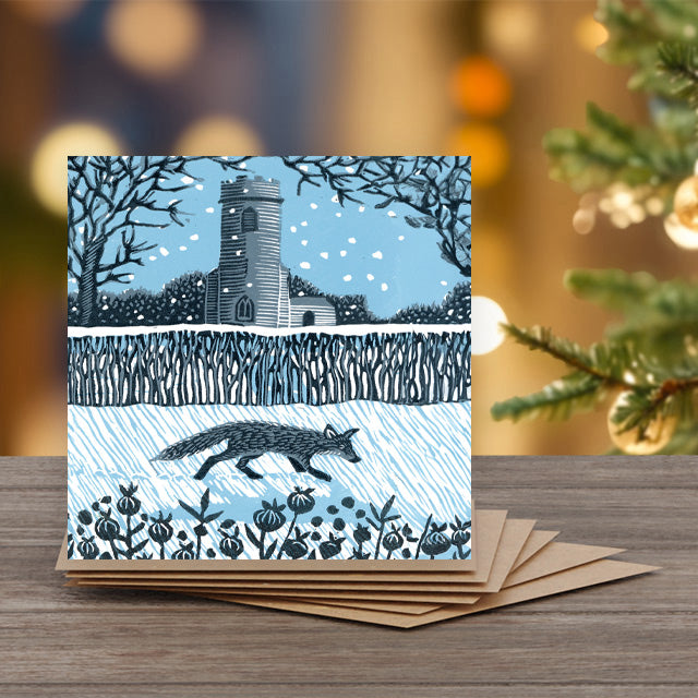 A winter landscape with a church tower, snowy trees, a fox, and flowers in blue, gray, and black tones.