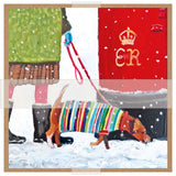 A square painted artwork showing a dachshund in a colorful striped sweater walking in the snow, with part of a person in winter clothing visible on the left and a red wall with gold letters and crown on the right.