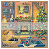 A cozy Christmas living room scene painting with a fireplace, decorated tree, armchair, sofa with people lying down, books, and gifts. 