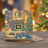 A square greeting card featuring a cozy Christmas living room scene with a fireplace, decorated tree, bookshelves, and people lounging on a couch.