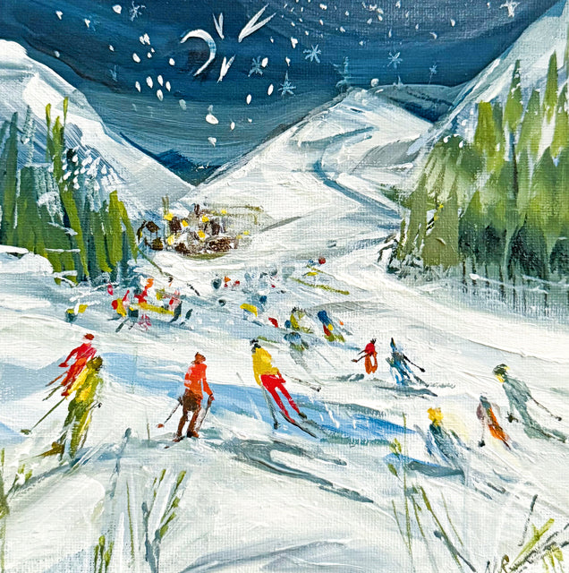 A fine art greeting card by painter Natalie Rymer of people enjoying skiing