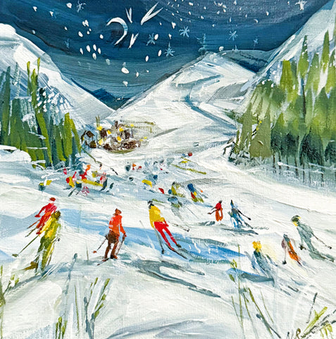 A fine art greeting card by painter Natalie Rymer of people enjoying skiing