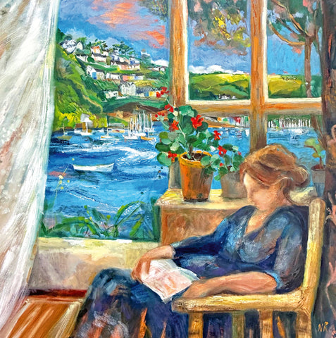 Woman reading a book by a window with a scenic view of a harboUR. A fine art greeting card by painter Natalie Rymer.