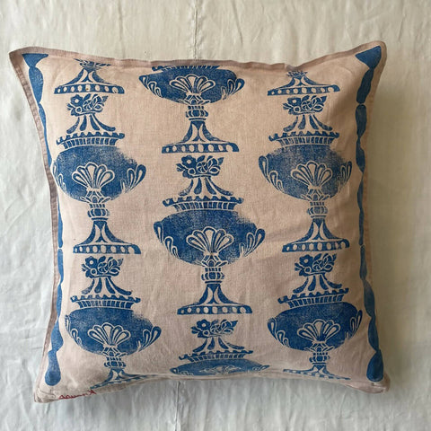 Blue Urn Cushion Cover - Linocut Print