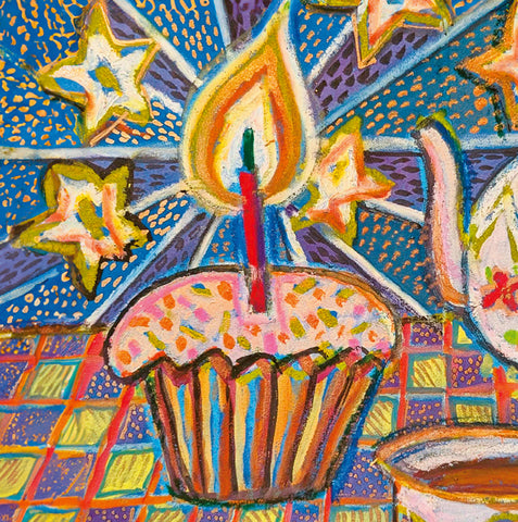 Colorful illustration of a birthday cupcake with a lit candle on a patterned background. A fine art greeting card by painter Paul Minter