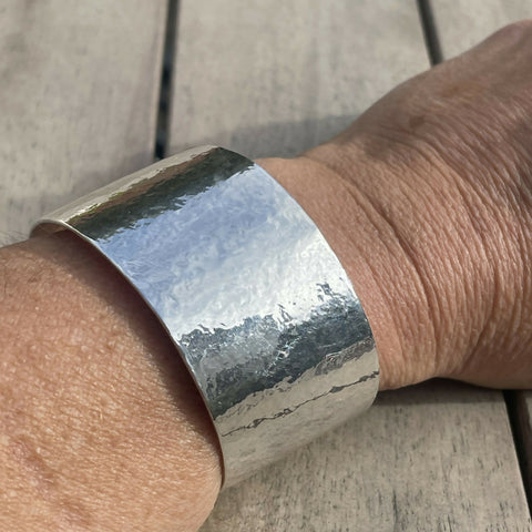 Wide Hammered Sterling Silver Cuff Bracelet - Hallmarked