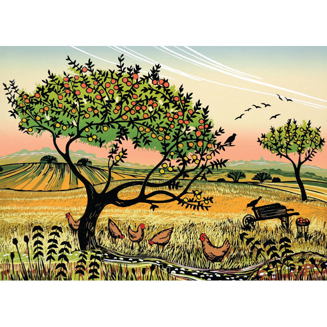 Illustration of a rural landscape with trees, chickens, and a wheelbarrow. A fine art greeting card by printmaker Rob Barnes