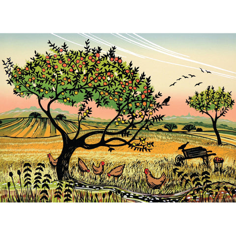 Illustration of a rural landscape with trees, chickens, and a wheelbarrow. A fine art greeting card by printmaker Rob Barnes