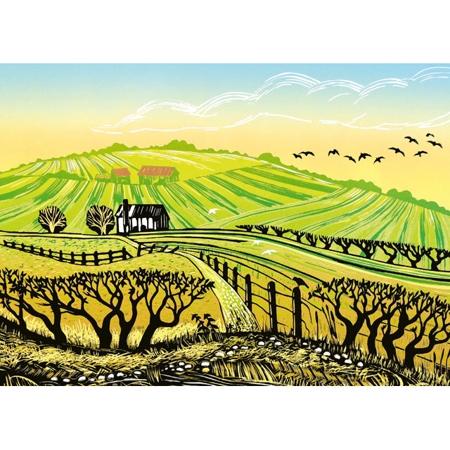 Prrint of a rural landscape with green fields, trees, and a house. A fine art greeting card by printmaker Rob Barnes