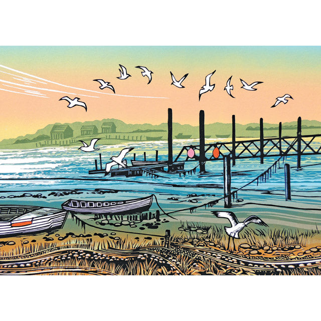A stylized coastal scene illustration with seagulls flying over a pier, boats on a sandy shore, and a pale sky transitioning from yellow to blue.