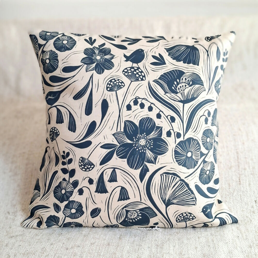 Blooms & Birds Blue Cushion Cover - Natural Cotton Linen Blend