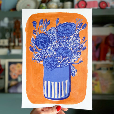 Indigo Ranunculus Flowers in Vase Fine Art Print - A4 Size
