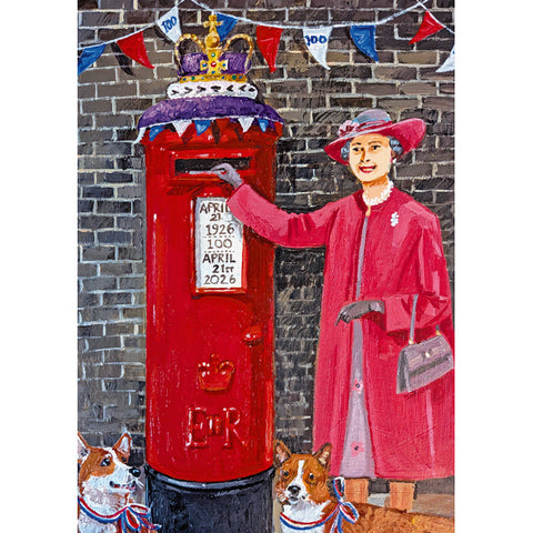 Red postbox with Queen Elizabeth II and her beloved corgi dogs. A fine art greeting card by painter Stephanie Lambourne.