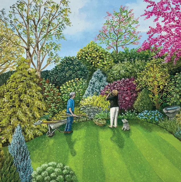 A fine art greeting card by painter Sarah Latham of two people in a garden with tools and a dog, surrounded by greenery and flowers.