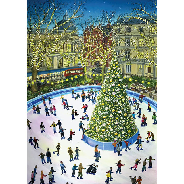 A fine art greeting card by painter Sarah Latham of people skating around a Christmas tree.