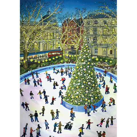 A fine art greeting card by painter Sarah Latham of people skating around a Christmas tree.