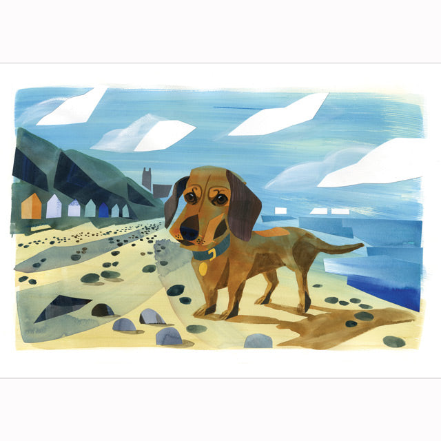 Sarah McMemeny, Dachshund On The Sand, Fine Art Greeting Card