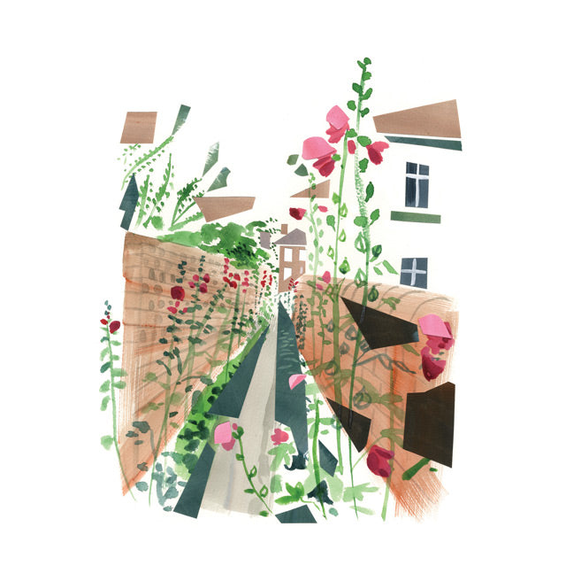 Sarah McMemeny, Hollyhock Path, Fine Art Greeting Card