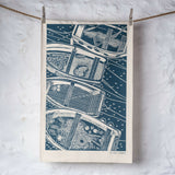 Organic Cotton Tea Towel with Four Boats Lino Print