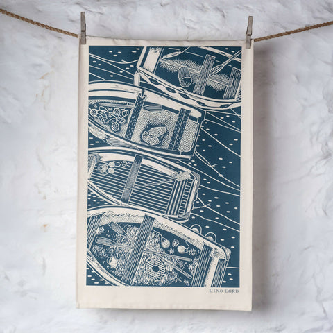 Organic Cotton Tea Towel with Four Boats Lino Print