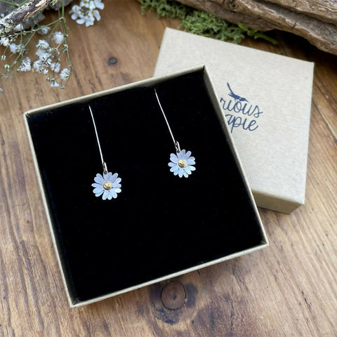 Gold & Silver Daisy Drop Flower Hook Earrings - Handmade