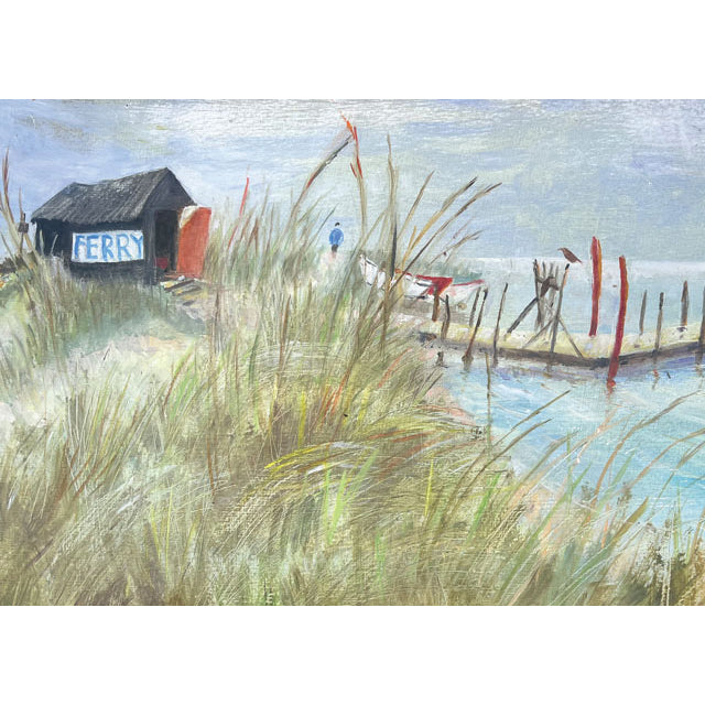 A fine art greeting card by painter Tessa Newcomb. Artistic depiction of a beach scene with a 'FERRY' sign, grass, and water.
