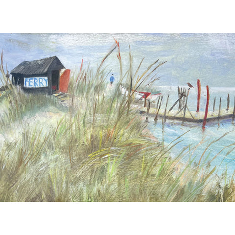 A fine art greeting card by painter Tessa Newcomb. Artistic depiction of a beach scene with a 'FERRY' sign, grass, and water.