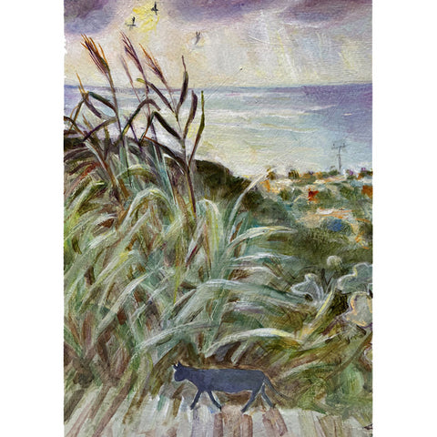 A fine art greeting card by painter Tessa Newcomb of a cat walking along a path with ocean view
