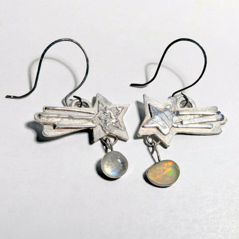 Shooting Star Earrings - Sterling Silver, Moonstone and Opal