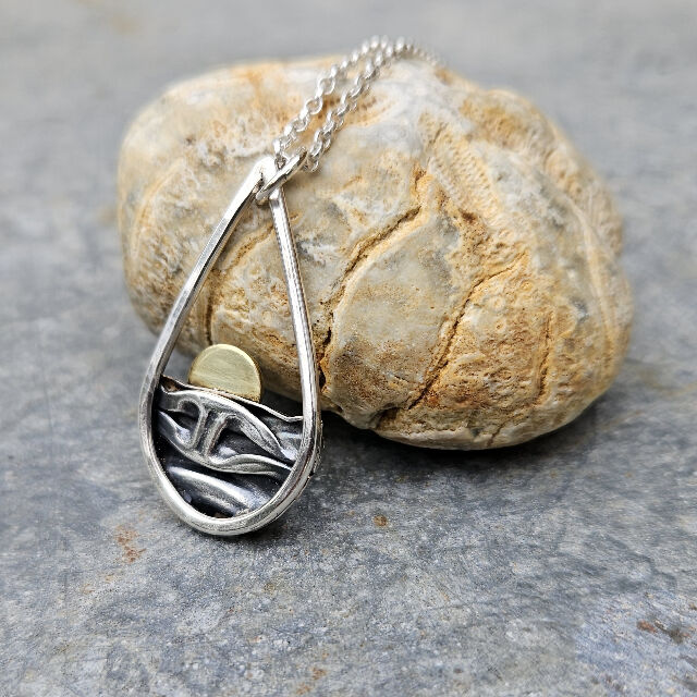 Teardrop Silver Coastal Pendant with Brass Sun