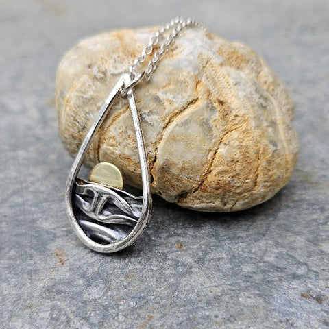 Teardrop Silver Coastal Pendant with Brass Sun
