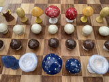 Handmade Ceramic Mushroom Chess Set with Solid Elm Wood Board