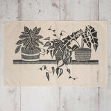 Cotton Tea Towel with Three House Plants on a Shelf Lino Print