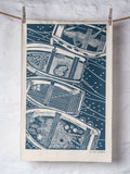 Organic Cotton Tea Towel with Four Boats Lino Print