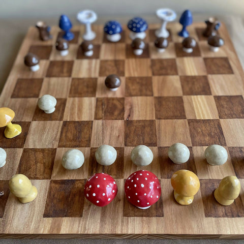 Handmade Ceramic Mushroom Chess Set with Solid Elm Wood Board