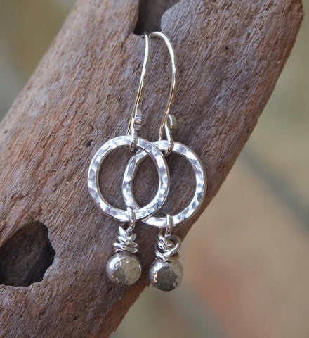 Silver Hoop Earrings with Pebble Droplet