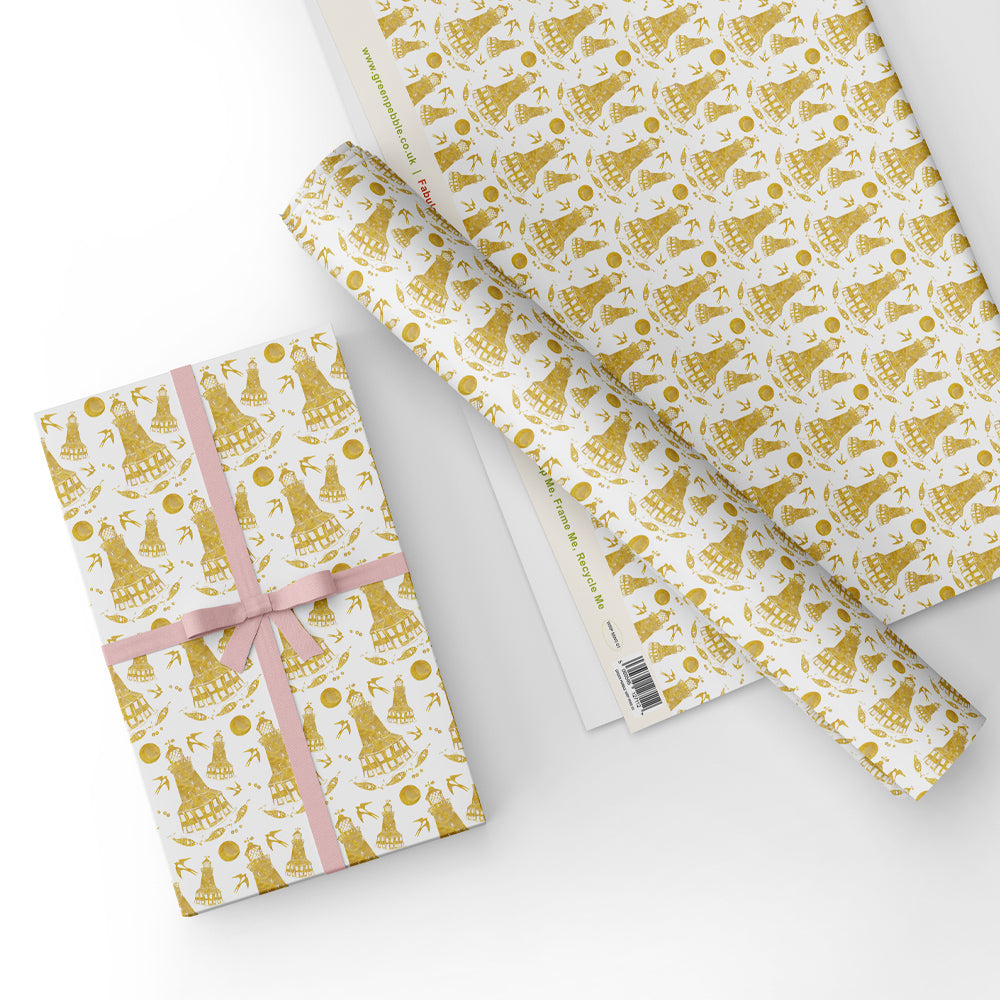 Lighthouse - Gold - Gift Wrap - Sheet