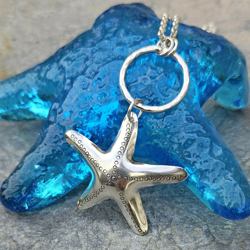 Silver Starfish Pendant on Silver Hoop