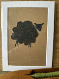 Blue Grey British Wool Fabric Sheep - Mounted Original Artwork with Handwoven Fabric and Hand Painted Watercolour