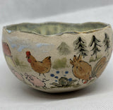 Handmade Stoneware Illustrated Bowl - Chickens, Cow Horse and Pigs