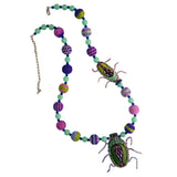 Pink and Green Beetles Necklace with Hand Beaded Beads