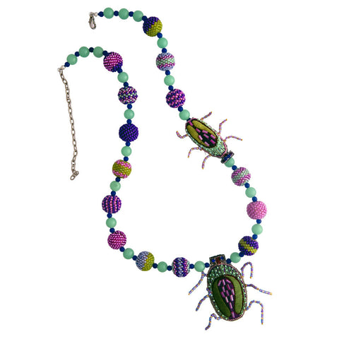 Pink and Green Beetles Necklace with Hand Beaded Beads