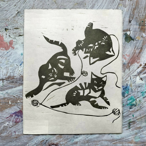Playtime - Woodcut Print - Cats