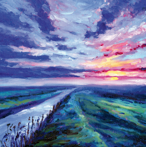 Colorful landscape painting with a vibrant sky and rolling hills. A fine art greeting card by painter Zoe Elizabeth Norman
