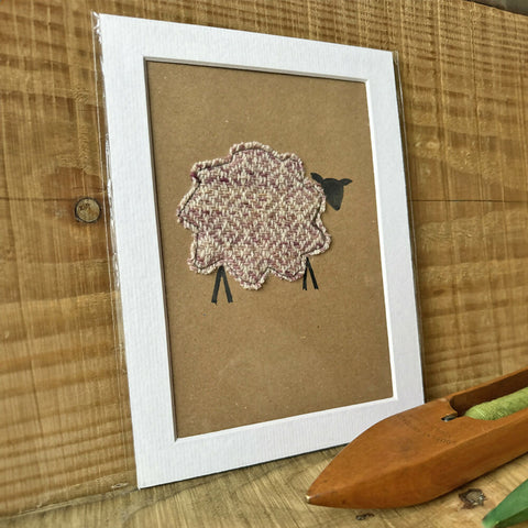 Pink Diamonds British Wool Fabric Sheep - Mounted Original Artwork with Handwoven Fabric and Hand Painted Watercolour