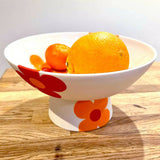 Big Blossom Pedestal Bowl - Handmade Painted Porcelain - HOT ORANGE WITH RED